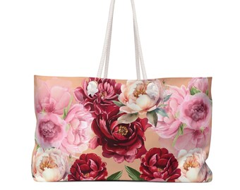 Peony Weekender Bag Peony Spring Summer Beach Tote Bag Peony Floral Luxury Holiday Picnic Weekend Tote Peony Nautical Travel Bag Gift