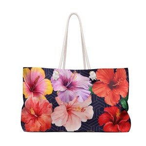 Hibiscus Weekender Bag Hibiscus Tropical Summer Beach Tote Bag Hibiscus Floral Luxury Holiday Picnic Weekend Tote Hibiscus Travel Bag Gift