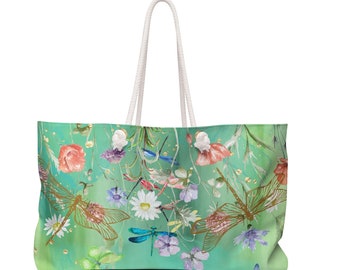 Dragonfly Beach Weekender Bag Dragon Fly Weekend Tote Bag Dragonfly Theme Travel Bag Dragonfly Holiday Bag With Nautical Rope Vacation Gift