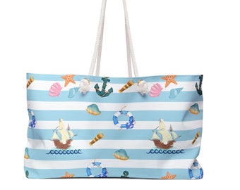 Bolsa de fin de semana con rayas blancas y azules de estilo marinero náutico Bolsa para propietario de barco náutico Bolsa de regalo para yate náutico Regalo de navegación Bolsa de barco náutico para surfistas