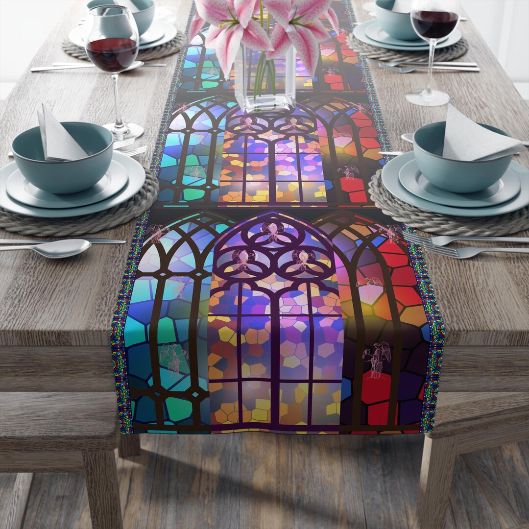 Angel Table Runner Stained Glass Biblical Christmas Decor Religious ...
