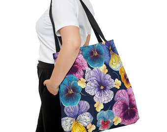 Pansy Floral Botanical Tote Bag Pansy Flower Blue Tote Bag Pansy Travel Bag With Handle Pansy Large Bookbag Bag Pansy Theme Gift Bag