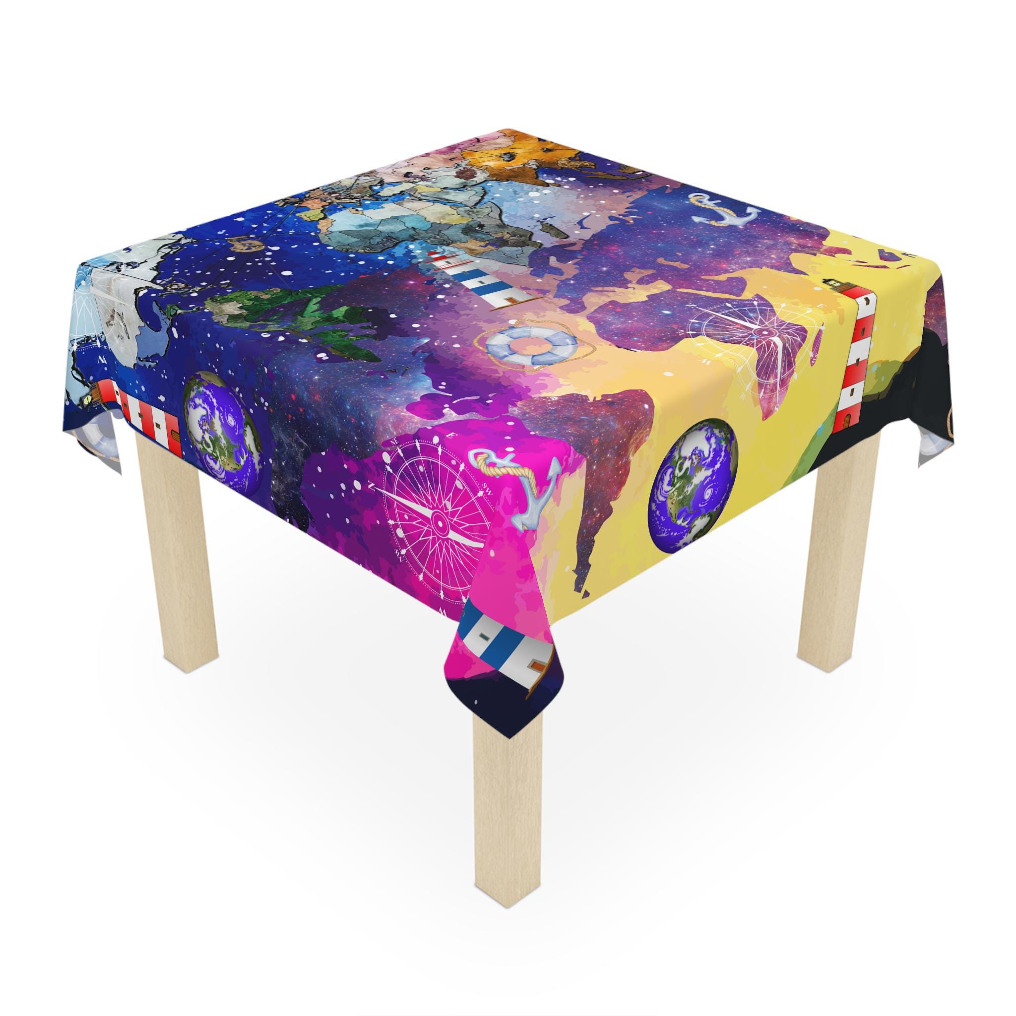 World Map Nautical Tablecloth Starry Sky Anchor Compass Table Cloth ...
