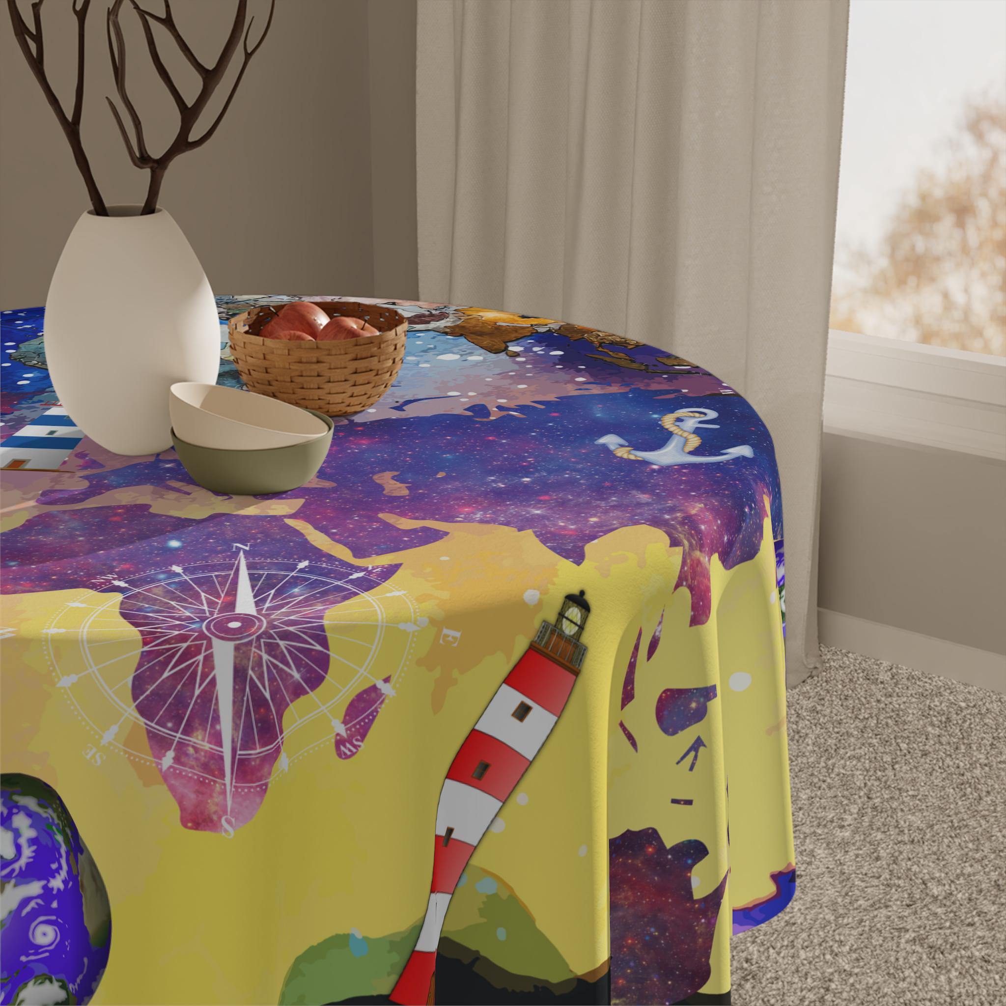 World Map Nautical Tablecloth Starry Sky Anchor Compass Table Cloth ...