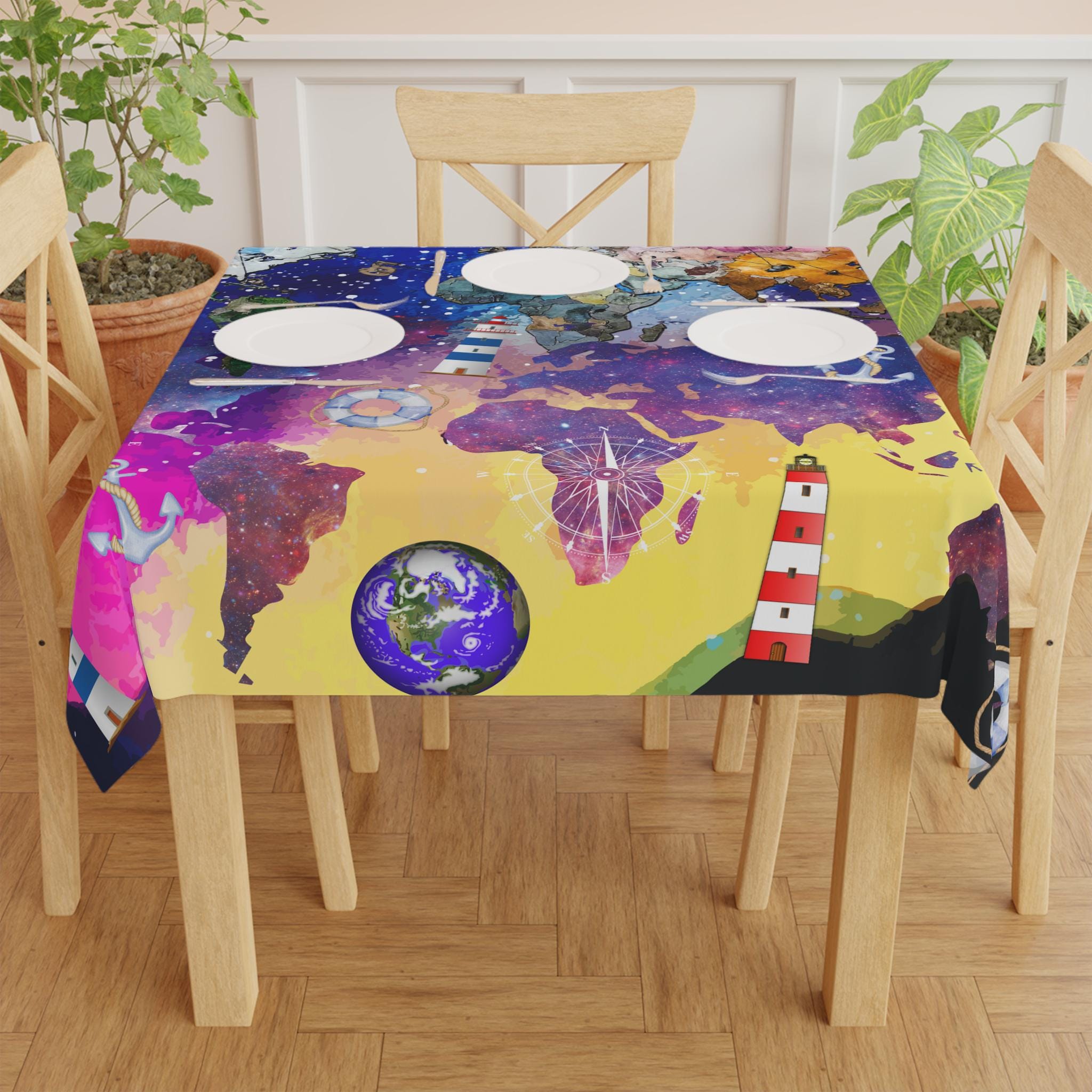 World Map Nautical Tablecloth Starry Sky Anchor Compass Table Cloth ...