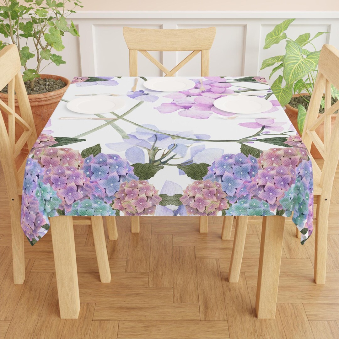 Hydrangea Table Linens Hydrangea Flower Print White Tablecloth Hosteria Floral Table Cover ...
