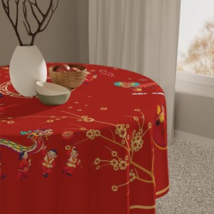 Nappe De Table Fête Du Nouvel An Lunaire - Motif Dragon Rouge Sur Fond Blanc - 1.2x1.8 M - Papier Absorbant