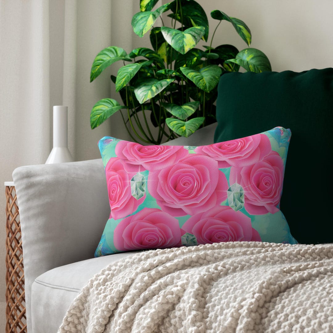 Aqua Blue and Fuchsia Pink Lumbar Pillow Aqua Rose Throw Pillow Aqua ...