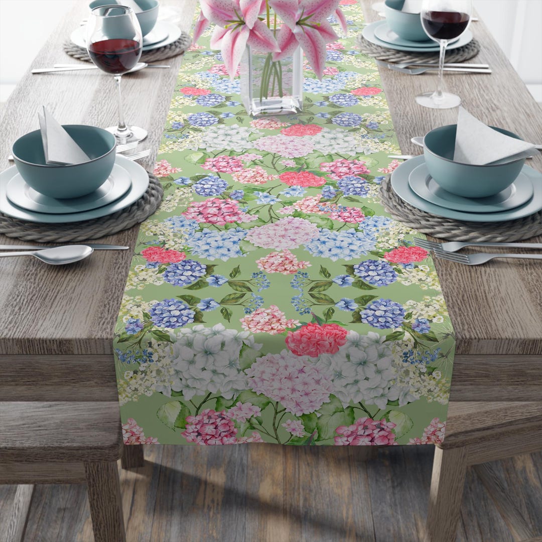 Hydrangea Table Linens Hydrangea Green Floral Table Runner Hydrangea Flower Table Linen ...