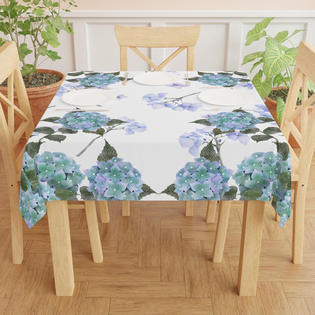 Hydrangea Table Linens Blue Hydrangea Print Floral Tablecloth Hydrangea Theme Table Cover ...