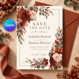 Może przedstawiać: Prostokątna karta Save the Date z kremowym tłem i cienką miedzianą ramką. Tekst brzmi Save the Date for the wedding of Isabelle Rowan and Rowan Mercer, Sunday, October 6, 2029, Asheville, North Carolina, Invitation to follow.