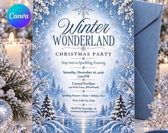 Invitación a fiesta navideña con temática de País de las Maravillas Invernal / Invitación navideña con copos de nieve azul hielo / Navidad elegante y escarchada / Plantilla editable