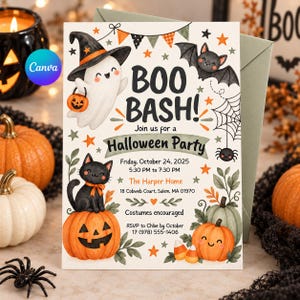 以下が含まれることがあります： BOO BASH!と書かれたハロウィーンパーティーの招待状。魔女の帽子をかぶった白い幽霊、カボチャの上の黒猫、コウモリ、クモ、オレンジ色の星が描かれています。日時、場所、RSVPの詳細が記載されています。