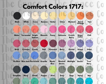 May include: A chart of 48 different color swatches with the names of each color listed below. The chart is titled "Comfort Colors 1717".