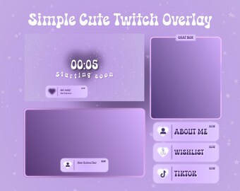 Purple Cute Twitch Stream Overlay Pack, Animated Screens (TXT File)