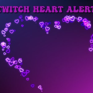 Puede incluir: Un fondo degradado morado y rosa con el texto "TWITCH HEART ALERT" en letras rosas. Una forma de corazón está formada por una dispersión de corazones brillantes blancos y morados.