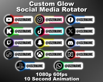 Puede incluir: Gráfico con iconos de redes sociales brillantes, incluyendo YouTube, Instagram y Facebook, cada uno con un nombre de usuario personalizable. El texto dice "Custom Glow Social Media Rotator."