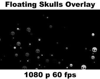 Puede incluir: Un fondo negro con numerosos gráficos de calaveras flotantes en varios tonos de gris y blanco. El texto "Floating Skulls Overlay" está en la parte superior y "1080 p 60 fps" en la parte inferior.