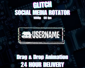 Peut inclure: Une illustration numérique d'une carte de circuit imprimé avec le texte "GLITCH SOCIAL MEDIA ROTATOR 1080p 60 fps" et "USERNAME" dans une police d'écriture glitch. Le texte "Drag & Drop Animation 24 HOUR DELIVERY" est également inclus.