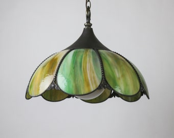 Art Deco Mottled Green and Amber Slag Glass Pendant. Geringer & Sons, Gramercy Park Lighting, USA