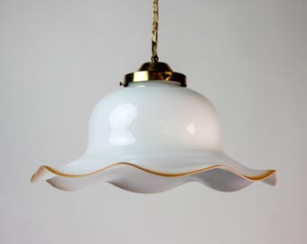Vintage Italian Style Glass Pendant Light, Murano Style, Scalloped Edge 1970s