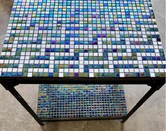 Handmade Mosaic Table | Patterned Top Black Recycled Tile Base | 24.5"H Side Table | Unique Home Decor | Accent Furniture