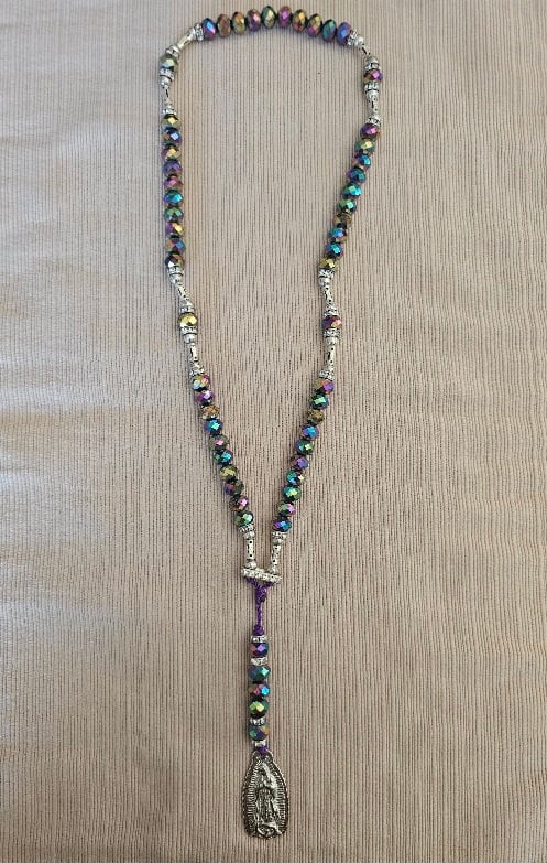 Men's 28\" Hip Hop Rosary Necklace - Gold/Silver Plated Beads With Guadalupe & Cross Pendant