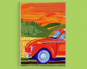 Beetle Car Illustration Art Print: Road Trip Home Decor (Digital Download A4 PDF)