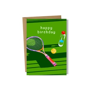 Carte de joyeux anniversaire tennis, cartes pour elle, carte de voeux, carte verte, intérieur vierge, carte A6, carte d'anniversaire, carte de sport