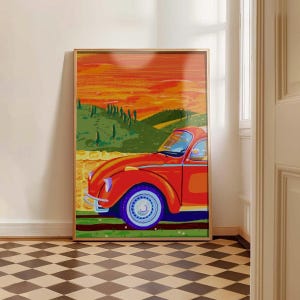 Beetle Car Illustration Art Print: Road Trip Home Decor (Digital Download A4 PDF)
