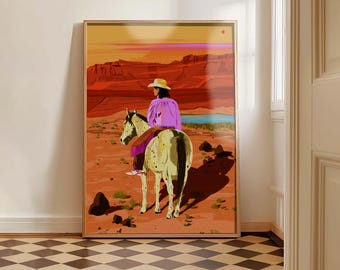 Cowgirl Horse Illustration Art Print: Wild West Rodeo Home Decor