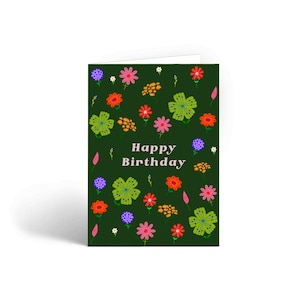 Biglietto di auguri di buon compleanno con fiori, biglietti per lei, biglietti di auguri, biglietto verde, interno vuoto, biglietto A6, biglietto di compleanno, biglietto di giardinaggio