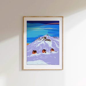 Impresión artística de montaña nevada, decoración del hogar, regalo para el dormitorio, ilustración de nieve, inauguración de la casa, decoración de pared, arte mural ilustrado, nieve, A4