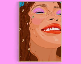Kunstprint met vrouwelijk portret | Kleurrijke en vrolijke slaapkamerwanddecoratie | Illustratieposter voor zomerliefhebbers