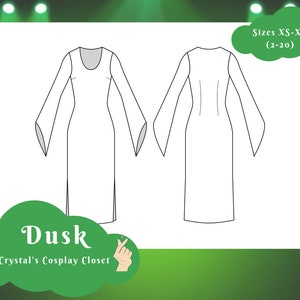 May include: Line drawing pattern for a white dress with long sleeves and a scoop neck. The pattern is for sizes XS-XL (2-20). The text "Dusk" and "Crystal's Cosplay Closet" is at the bottom of the image.