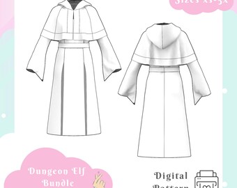 May include: A white digital pattern for a hooded robe with a capelet, long flared sleeves, and a waist band. The design shows front and back views with text reading Sizes xs-5x, Dungeon Elf Bundle, Crystal's Cosplay Closet, and Digital Pattern.