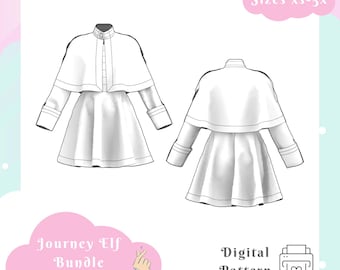 May include: A digital pattern for a garment set featuring a front and back view of a long-sleeved dress with a high collar and a capelet overlay. The text reads Sizes xs-5x, Journey Elf Bundle, Crystal's Cosplay Closet, and Digital Pattern.