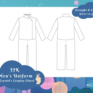 May include: Line drawing of a men's uniform, featuring a long-sleeved shirt with a mandarin collar and a pair of trousers. The drawing is in black and white and is labelled "JJK Men's Uniform Crystal's Cosplay Closet".