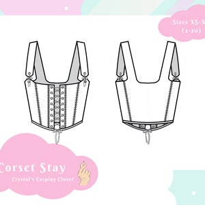 Puede incluir: Un corsé blanco con un cierre de encaje en la parte delantera y tirantes ajustables. El corsé está diseñado para cosplay y está disponible en tallas XS-XL (2-20).