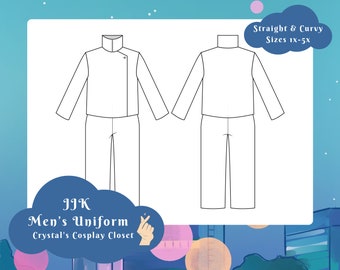 May include: Line drawing of a JJK Men's Uniform, featuring a jacket with a high collar and pants. The image includes text that reads "Straight & Curvy Sizes 1x-5x" and "JJK Men's Uniform Crystal's Cosplay Closet."