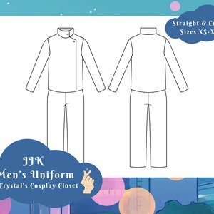 May include: Line drawing of a men's uniform with a long-sleeved shirt and pants. The text "Straight & Curvy Sizes XS-XL" is in the upper right corner. The text "JJK Men's Uniform Crystal's Cosplay Closet" is in the lower left corner.