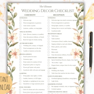 May include: A printable wedding decor checklist featuring a floral design. The checklist covers both the ceremony and reception, with sections for entrance, aisle and seating, altar/arch area, miscellaneous, lighting, final touches, reception tables, sweetheart table, cake table, dance floor area, bar drink station, and other decorative areas.