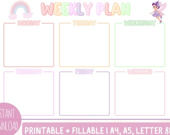Kid Weekly Printable, Fairy Weekly Planner, Rainbow Colorful Weekly Planner, Printable Weekly Schedule for Kids, Printable Weekly Schedule,