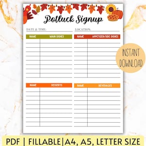 Potluck Signup Vorlage, Thanksgiving Signup Potluck Printable, ausfüllbares Signup Potluck, Potluck Signup Form, Potluck Signup Sheet