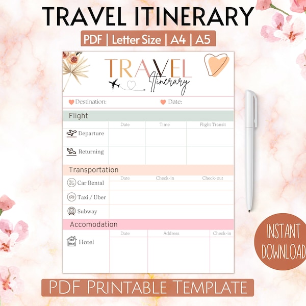 Travel Itinerary Template, Travel Template, Minimalist Travel Planner, Printable Travel Planner, Vacation Planner, A4 A5 Letter Size PDF