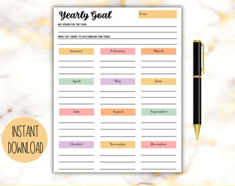 May include: Printable yearly goal planner with a colorful design. The planner includes sections for a yearly vision, goals, and monthly breakdowns from January to December.