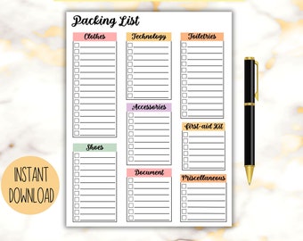Packing List, Travel Packing List, Packing List Printable, Vacation Holiday Check List, Vacation Packing A4 A5 Letter Size,Instant Download
