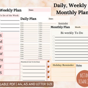 Daily Planner Printable, Weekly Planner, Monthly Planner, To Do List Digital, Printable Planner, Printable Daily Routine, Printable Bundle