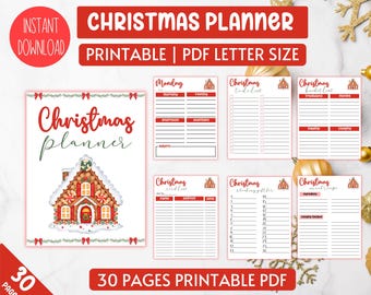 May include: A printable Christmas planner with 30 pages. The planner features a gingerbread house illustration and includes sections for a to-do list, a bucket list, a gift list, and a meal planner.