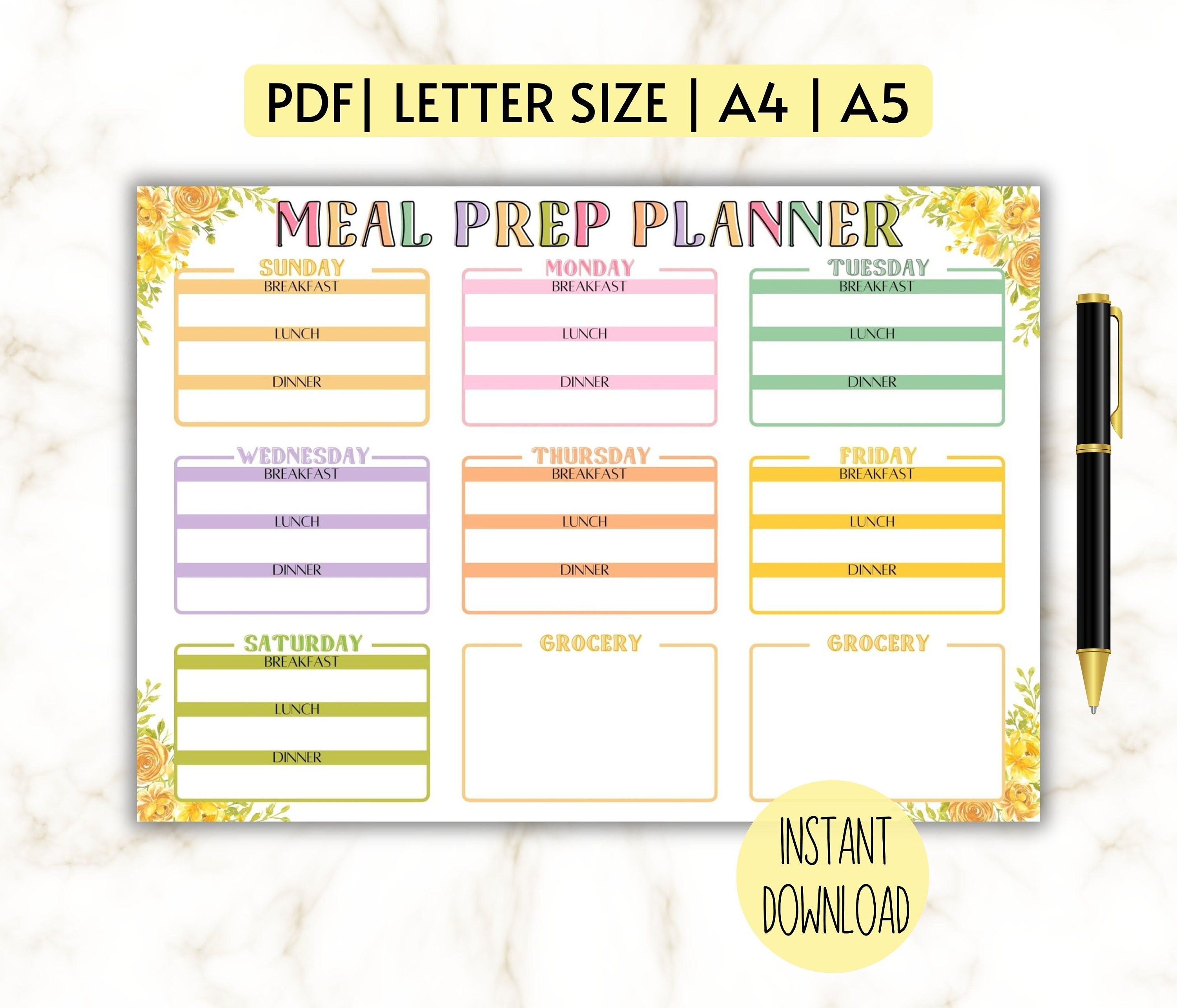 Meal Prep Planner Printable, Meal Planner at A Glance, Meal Plan Template, Meal Prep Planner ...